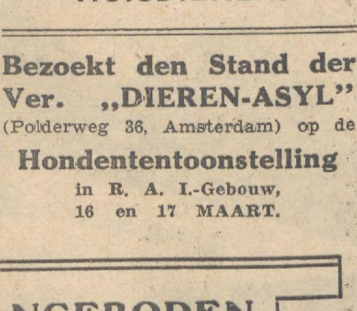 Hondententoonstelling. Deze advertentie is afkomstig uit het Algmeen Handelsblad van 15 maart 1935.<br />Bron: Historische Kranten, KB. 