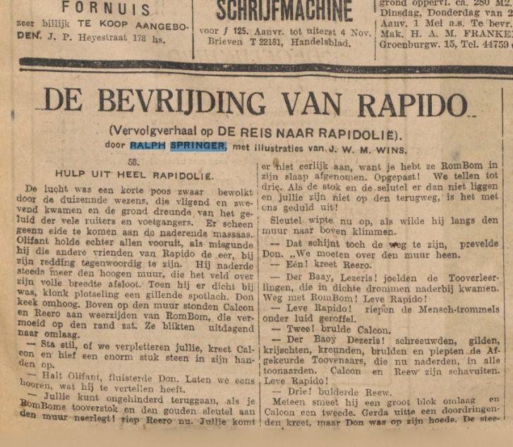 De bevrijding van Rapido. Een klein deel van het in het verhaal genoemde stripverhaal. Uit het Algemeen Handelsblad van 19 september1926.<br />Bron: Historische Kranten, KB. 