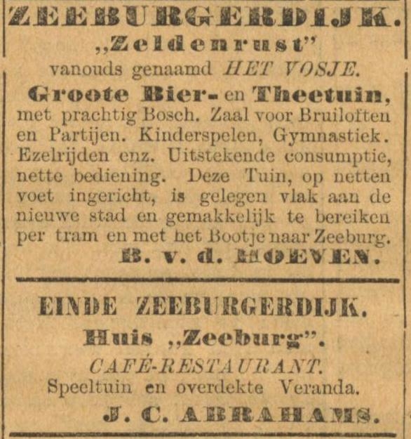 Advertentie uit 1893. Deze advertentie is uit het Algemeen Handelsblad van 30 april 1893. Het Vosje heeft inmiddels een andere naam: "Zeldenrust". <br />Tevens een advertentie voor 'Huis Zeeburg'!<br />bron: Historische kranten, KB> 