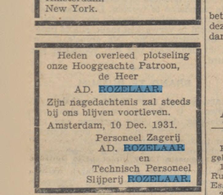 Overlijdensadvertentie van Adolf Rozelaar. Overlijdsenadvertentie van 11 december 1931, namens de familie.<br />Bron: Historische Kranten, KB. 