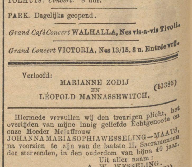 Aaankondiging van een verloving. Was Marianne inderdaad verloofd met deze Leopold?<br />Deze advertentie is uit Het Algemeen Handelsblad van 14 mei 1891.<br />Bron: Historische Kranten, KB. 