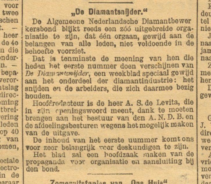 Oprichting van 'De Diamantsnijder' Uit: De Amsterdammer: dagblad voor Nederland van 2 augustus 1896. Bron: Historische Kranten KB. 