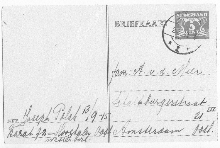 Briefkaart uit Westerbork. Voorkant van de briefkaart uit Westerbork.<br />Bron: privé archief Greetje Papegaaij. 