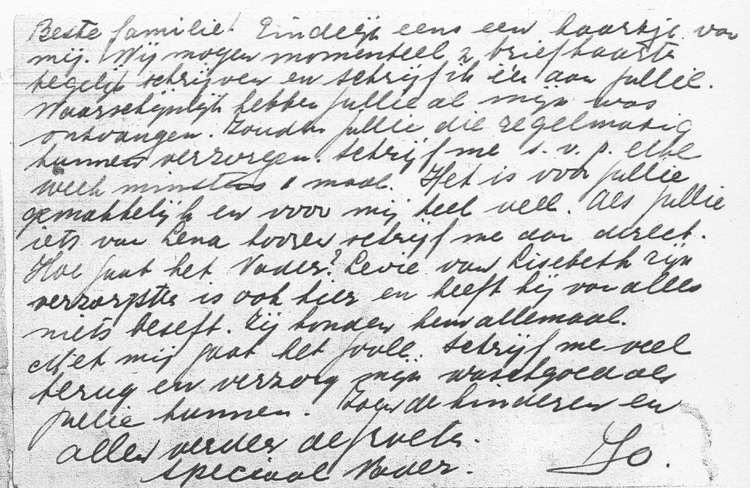 Briefkaart uit Westerbork, de tekst. Achterzijde van de briefkaart uit Westerbork.<br />Bron: privé archief Greetje Papegaaij. 