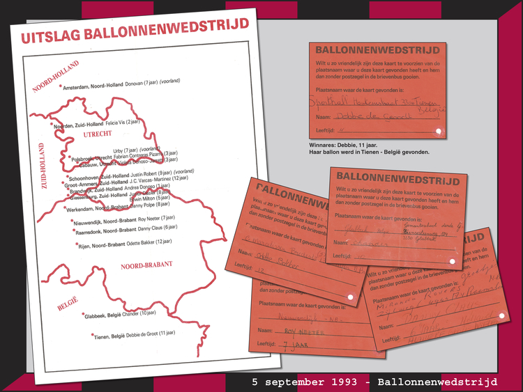 Ballonnenwedstrijd 5 september 1993 Op de 1e officiële wedstrijddag van de nieuwe voetbalvereniging Fortius werd er o.a. een ballonnenwedstrijd georganiseerd. <br />16 kaartjes werden er gevonden en retour verzonden.<br />Debbie, 11 jaar haar ballon met kaartje kwam in Tienen - België terecht en won daarmee de wedstrijd. 