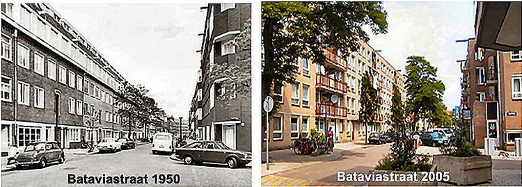  De Bataviastraat in 1950 en in 2005: er is veel verdwenen, vervangen door nieuwbouw. 