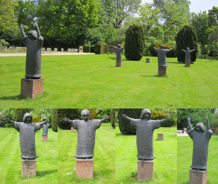 Boven:  een overzicht van de 4 beelden zoals ze op een strooiveld op de begraafplaats staan. Onder: de 4 beeldjes naast elkaar.  