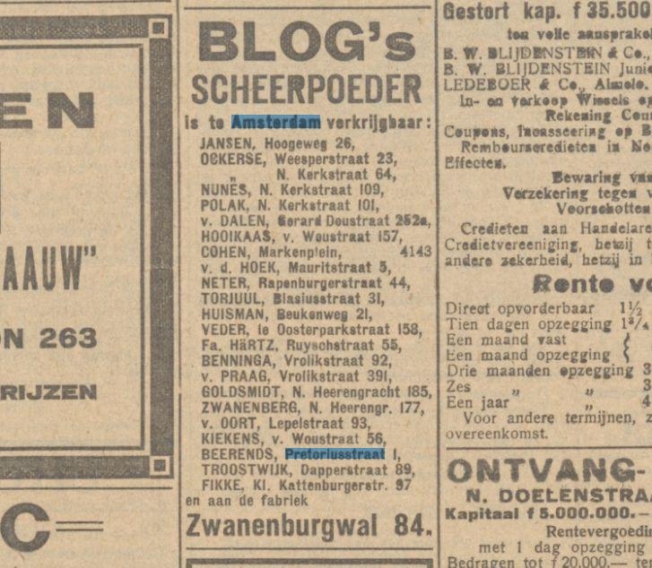 Advertentie voor Blog's scheerpoeder. Deze advertentie uit het Nieuw Israëlitisch Weekblad van 3 december 1920 geeft een overzicht van winkels (drogisterijen) die een bepaald artikel verkopen, waaronder de genoemde Berends die op nummer 1 van de Pretoriusstraat zat. <br />Bron : Historische kranten, Koninklijke bibliotheek. 