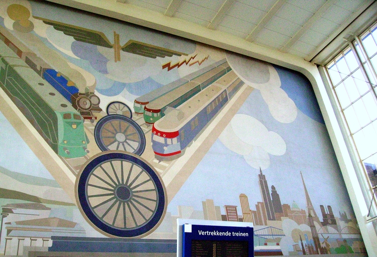  Peter Alma schilderde vertrekkende treinen naar Parijs en andere wereldsteden Peter Alma's schilderingen in het Amstelstation (2008). Hij schilderde vertrekkende treinen naar Parijs en andere wereldsteden. 