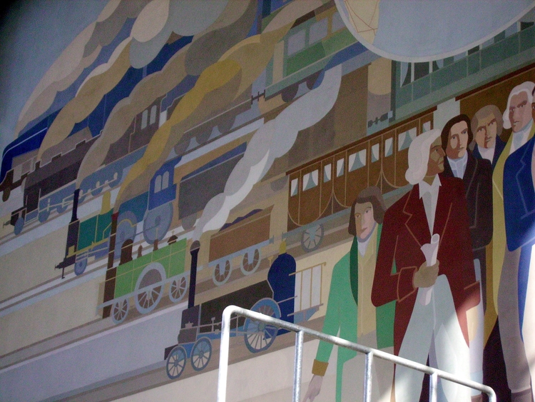  In de jaren dertig ging men deftig gekleed op stap Detail van een van de muurschilderingen in het Amstelstation (2008). 