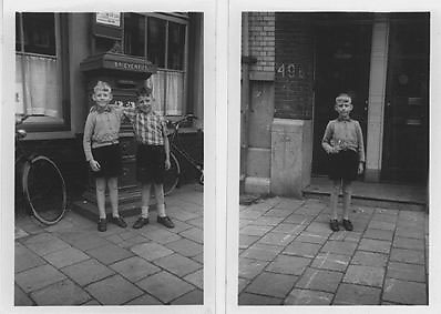 Brievenbus Kees en Martin arm in arm voor de brievenbus (en wat voor een!) op de Middenweg, en Kees zelf voor de deur van Zacharias Jansestraat nummer 49<br />(1958). 