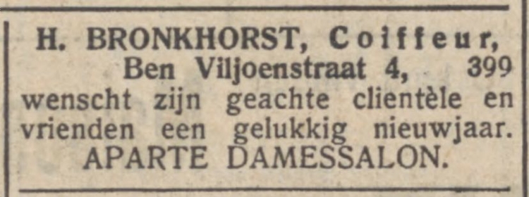 Ben Viljoenstraat 4 Kapper H. Bronkhorst met aparte damessalon. Bron: NIW 14 09 1928 (via Delpher). 