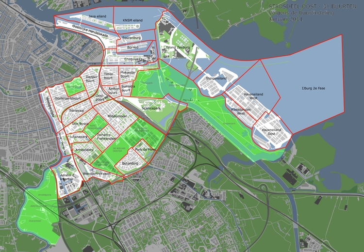 Buurten van Amsterdam Oost De buurten van Amsterdam Oost (klik op de rechter bovenhoek om de kaart uit te vergroten).  