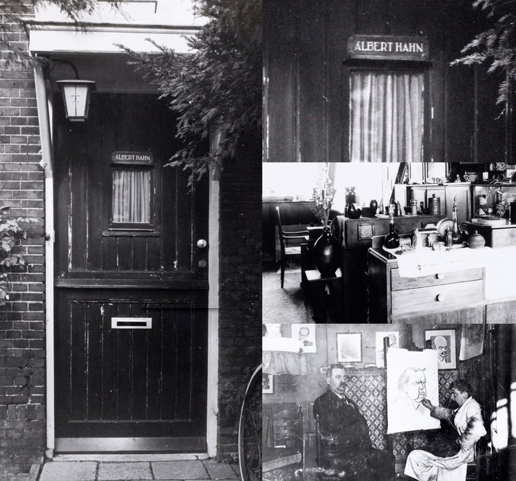 Ingang huis Archimedesweg 49 en Albert Hahn in zijn atelier. .<br />Hij werkt hier aan het portret 'Abraham de Geweldige', een karikatuur van Abraham Kuijper, fractievoorzitter van de Anti-Revolutionaire Partij. Voor hem poseert de heer G. Murris, Javastraat 81, handelaar in aardappelen, groenten en fruit. <br /><br />Klik rechts bovenaan op de collage en de collage wordt vergroot weergegeven.<br />Foto: Beeldbank Amsterdam 