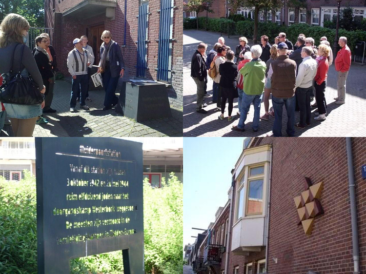 Oorlogsverhalenwandeling 1 mei 2011 Rechtsonder foto van het monument de Jodenster bij het Transvaalplein. 