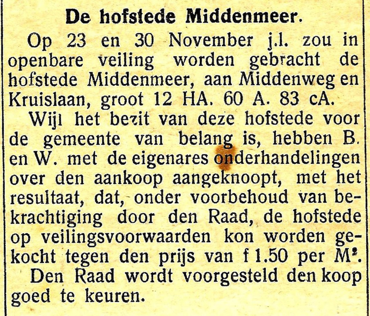 De Hofstede Middenmeer - 1926 .<br />Bron: Diemer Courant 