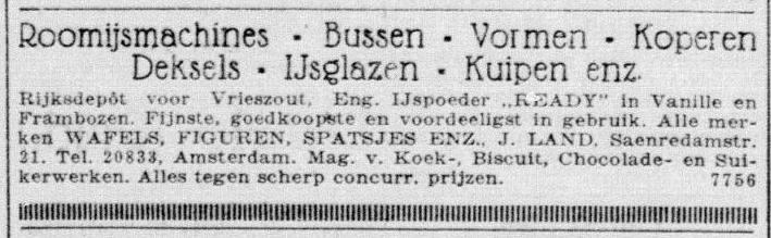 Advertentie voor J. Land i/d Saenredamstraat 21 Uit De Telegraaf van 24 april 1925. Bron: Historische Kranten, KB. 