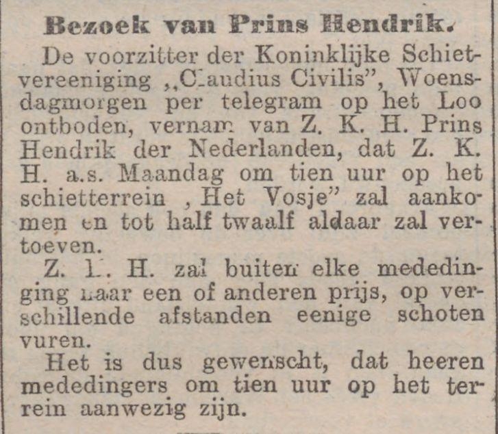Hoog bezoek! Aankondiging van het bezoek van prins Hendrik in De Tijd van 10 augustus 1901. Bron: Historische Kranten, KB. 