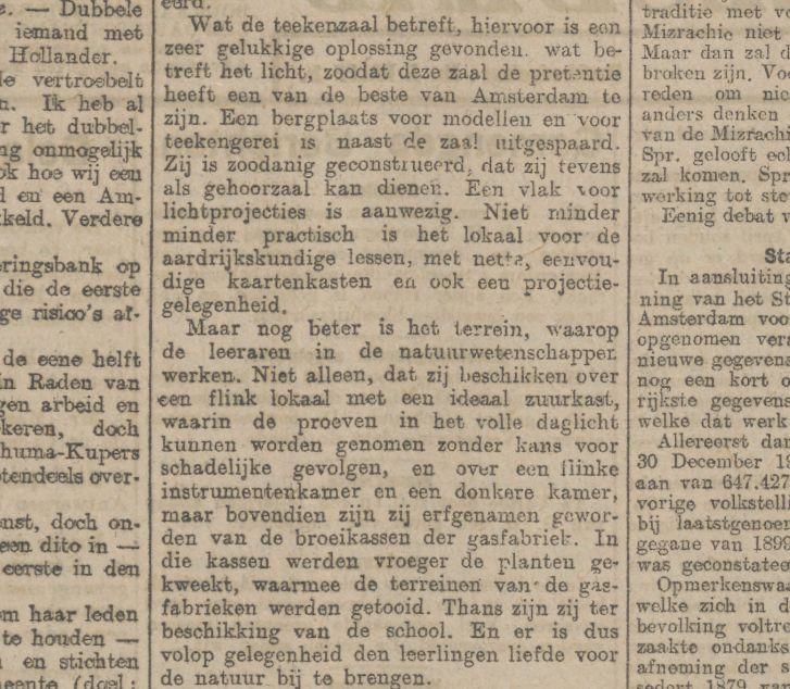 Derde HBS. Aritkel (deels) uit het Algemeen Handelsblad van 5 april 1923 over de inrichting dan een aantal schoollokalen.<br />Bron: Historische kranten, KB. 