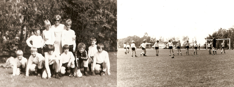 DJK 1968-1969  <p>Almaria Victrix tournooi 1968 of 1969.<br />
B1 pupillen op een half veld. Wij wonnen dit toernooi mede door een strafschop van John Holthuijzen, naast John staat Pedro van Raamsdonk te wijzen.<br />
Elftal foto: staande v.l.n.r.: Rene Vos, Pedro van Raamsdonk, tante<br />
Fietje Kaales en Henk Elsink.<br />
Zittend v.l.n.r.: Paul Jansen*, Rob van Keulen, John Holthuijzen,<br />
Richard van Rijn, Bab Marinus, Ron de Wit en Peter Kemper.<br />
*Hier bestaat enige twijfel over of dit niet Harry Scheper is maar ik<br />
denk Paul Jansen.</p>