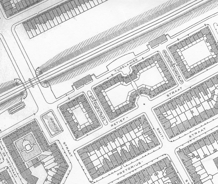 DOW 1940, deelfragment. Deze kaart uit 1940, van de Dienst Openbare Werken, geeft een beeld van de Tugelaweg en omgeving (tussen Maritzstraat, Pretoriusstraat en Magersfonteinstraat). <br />Bron: Gemeentearchief Amsterdam 