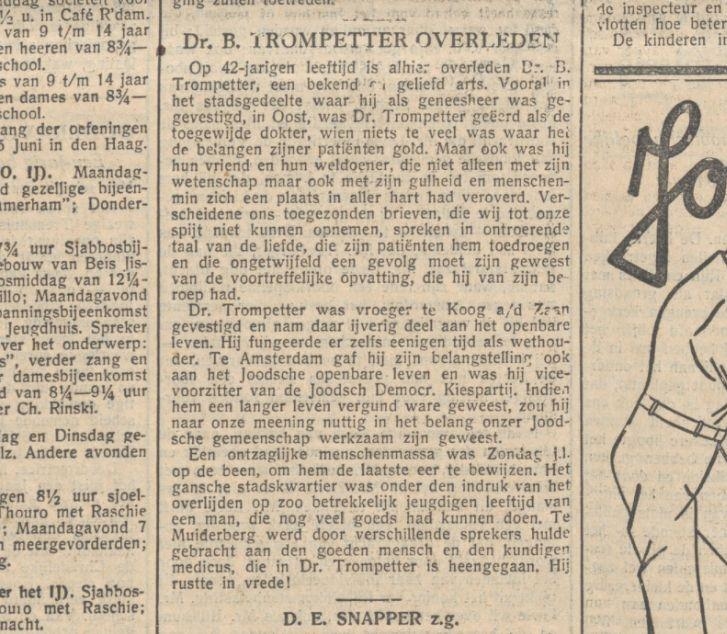 Overlijdensbericht. Dokter Trompetter overleed op 9 februari 1933. Dit artikel is afkomstig uit het Nieuw Israëlitisch Weekblad van 17 februari 1933.<br />Bron: Historische Kranten, Koninklijke Bibliotheek. 
