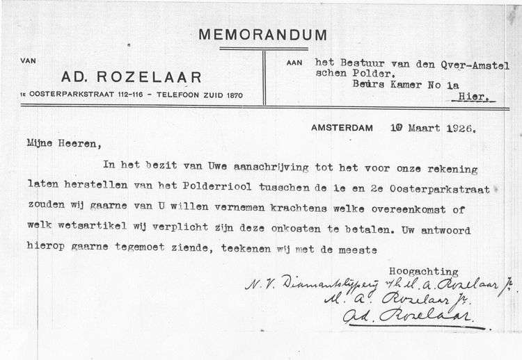 Memorandum van 10 maart 1926. Een eerste voorzichtige protesbrief van Ad. Rozelaar, namens de overige familieleden. Zij vragen zich waarom zij moeten opdraaien voor een kapotte riolering.<br />Bron: GAA, inv.nr.505-123. 