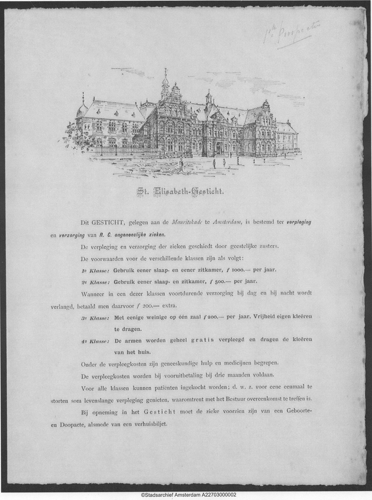Elisabeth Gesticht. Voorblad van een prospectus uit 1890. <br />Bron: Gemeentearchief Amsterdam, inv. nr. 488-451B 