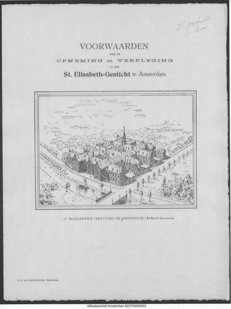 Voorblad van de voorwaarden uit 1897. Voorwaarden voor de opnemeing en verpleging van patiënten in het Sint Slisabeth-Gesticht.<br />Bron: Gemeentearchief Amsterdam. 