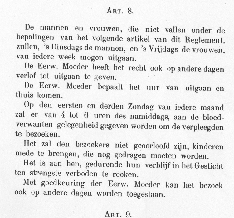 Artikel 8. Voorbeeld van een artikel uit het reglement voor de patiënten uit de derde en vierde klasse.<br />Bron: Gemeentearchief Amsterdam, inv. nr. 488-430. 