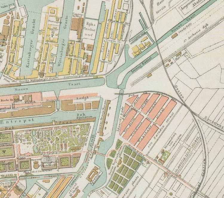 Fragment van een plattegrond uit 1882. Kaart/plattegrond uit de ‘collectie Atlas Kolk’ uit 1882 (inv.nr. 10095-338). Bron: SAA.<br />'t Vosje is rechtsboven aangegeven, liggend aan de St. Anthonie dijk. 