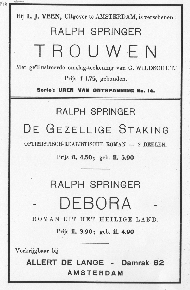 Acherpagina uit het boek: De oude zaak Godefrooi, met reclame voor ander 'literair werk' van Ralp Springer.<br />Bron: JHM. 