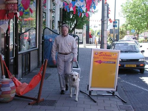  De trainers lopen nog altijd met honden in opleiding in de Watergraafsmeer: Frans Heitz op de Linnaeuskade 2003. 