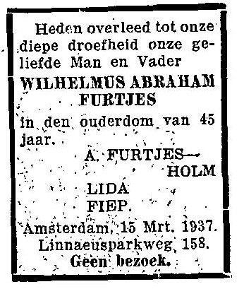 Overlijdensbericht Wilhelmus Furtjes - 1937  