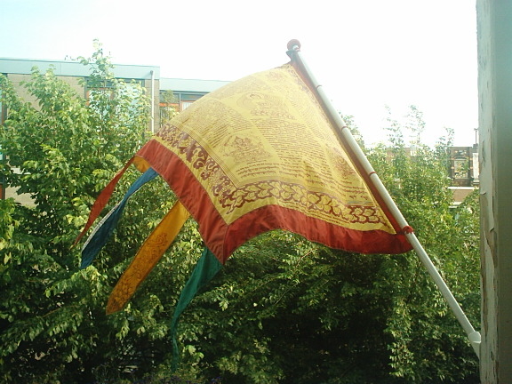  Een Tibetaanse gebedsvlag wappert op Willemien's balkon: "Door de vlag te laten wapperen in de wind gaan de teksten door de lucht en bevorderen zij de vrede." 