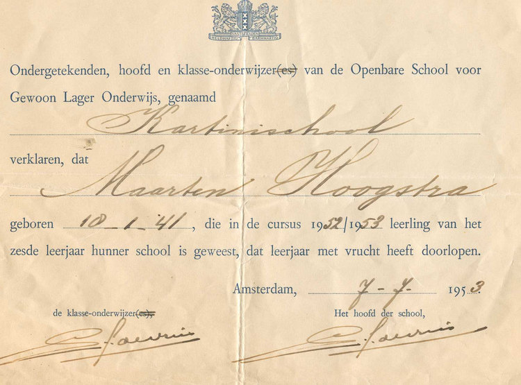  Maarten's getuigschrift van de Kartinischool. 