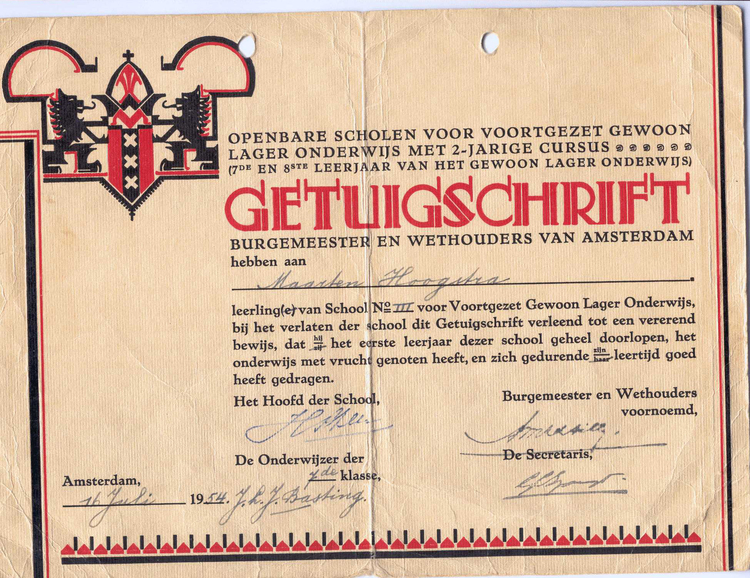  Maarten's getuigschrift van de VGLO, waarmee hij naar de LTS kon... 