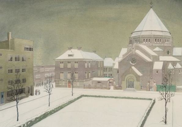 Majellakerk tekening max nauta Een prachtige tekening van een besneeuwde Gerardus Majellakerk in de winter uit 1934 van Max Nauta. Stadsarchief Amsterdam. 