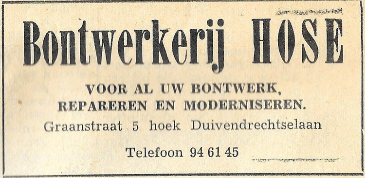 Graanstraat 05 hoek Duivendrechtselaan Bontkwekerij Hose - 1967 .<br />Bron: De Nieuwe Betondorper 