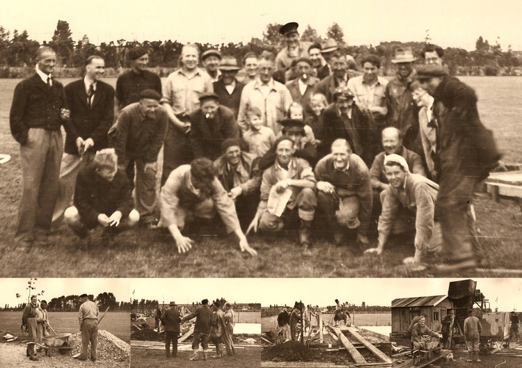 Bouw van 1e clubhuis in 1954  <p>Op het complex "Middenmeer" moest als eerste de opstallen verrijzen.<br />
D.J.K. ging aan de slag, de architecten, de heren Mijnarend en Van der<br />
Pelt ontwierpen een kleedruimte met kantine voor ons.<br />
Onder leiding van Arie Kool sr. werd een werkploeg geformeerd die ging<br />
bouwen. Alleen maar vrijwilligers. Jongens wat hebben wij daar een<br />
plezier aan beleefd, daar werd keihard gewerkt met een<br />
doorzettingsvermogen waar iedereen verbaasd van stond! In, werkelijk<br />
waar, een half jaar wist de D.J.K.-ploeg ons clubhuis op poten te<br />
zetten. Foto's: Roel Kaales</p>