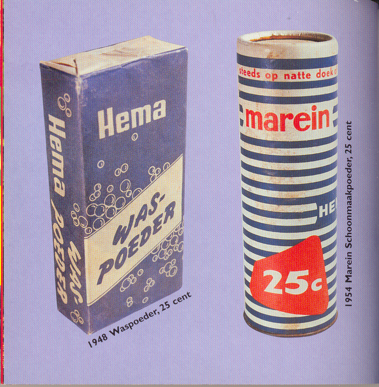 Reclame van de Hema voor wasmiddelen in 1948 en 1954. HEMA betekent: Hollandsche Eenheidsprijzen Maatschappij Amsterdam al was het in de volksmond ook wel: Hier eet men afval ! Maar dat viel in de praktijk reuze mee ! 