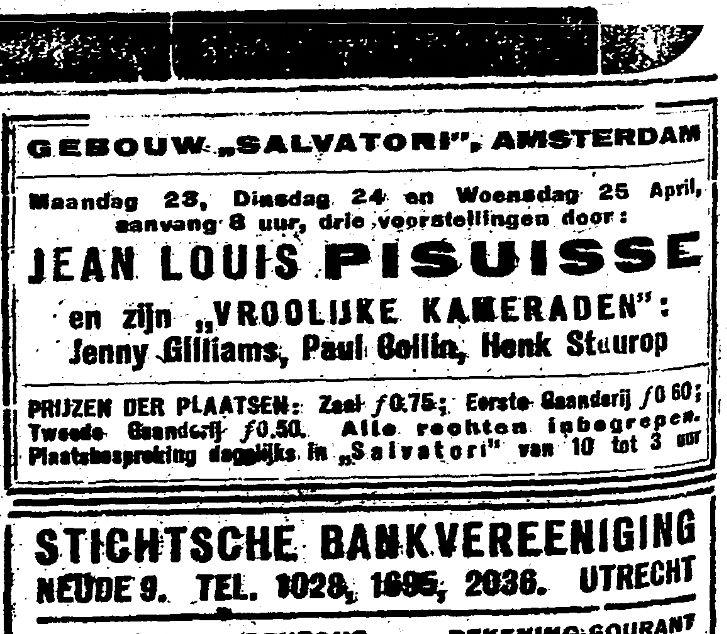 Over Henk Stuurop + J.l. Pisuisse! Advertentie uit: Het Centrum van 23-04-1923, bron: Historische Kranten 