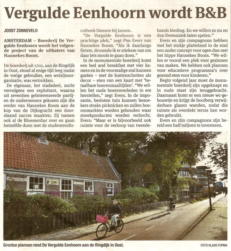 Het Parool 16-10-2013 De Vergulden Eenhoorn  