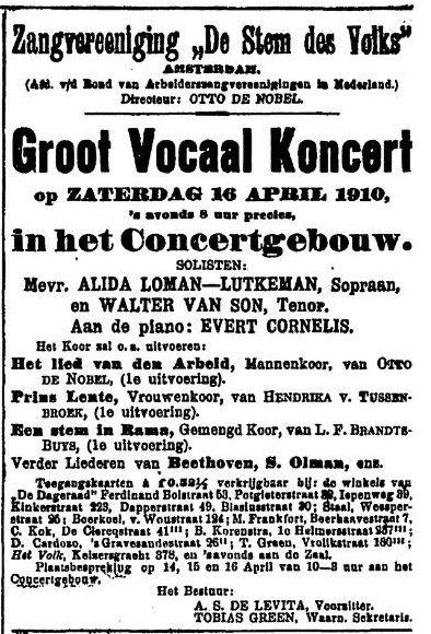 Aankondiging concert Stem des Volks Deze aankondiging komt uit: Het volk: dagblad voor de arbeiderspartij van 03 april 1910. Bron: Historische kranten, KB. 