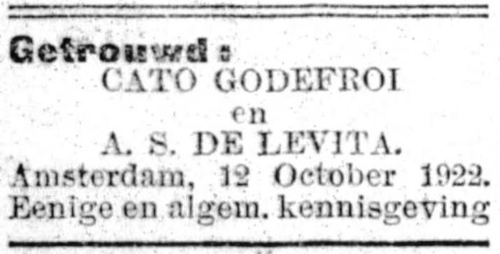 Huwelijk van A.S. de Levita en Cato Godefroi. Uit Het volk: dagblad voor de arbeiderspartij van 12 oktober 1922.<br />Bron: Historische Kranten, KB. 