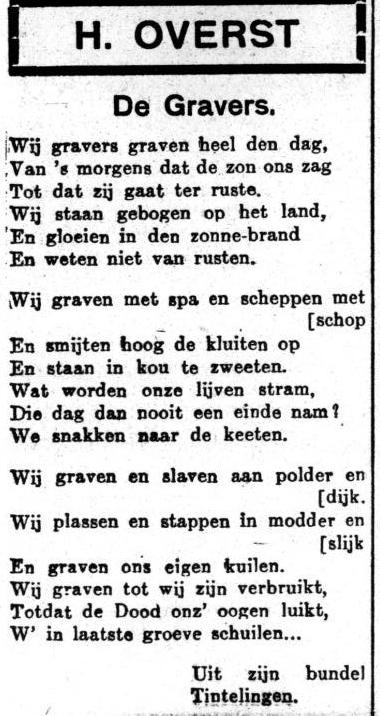 Het Volk 15 03 1927 Tintelingen Nog een voorbeeld van de poëzie van Hijman Overst. Bron: Het Volk, dagblad van de socialistische partij van 15 maart 1927 (Historische kranten, KB). 