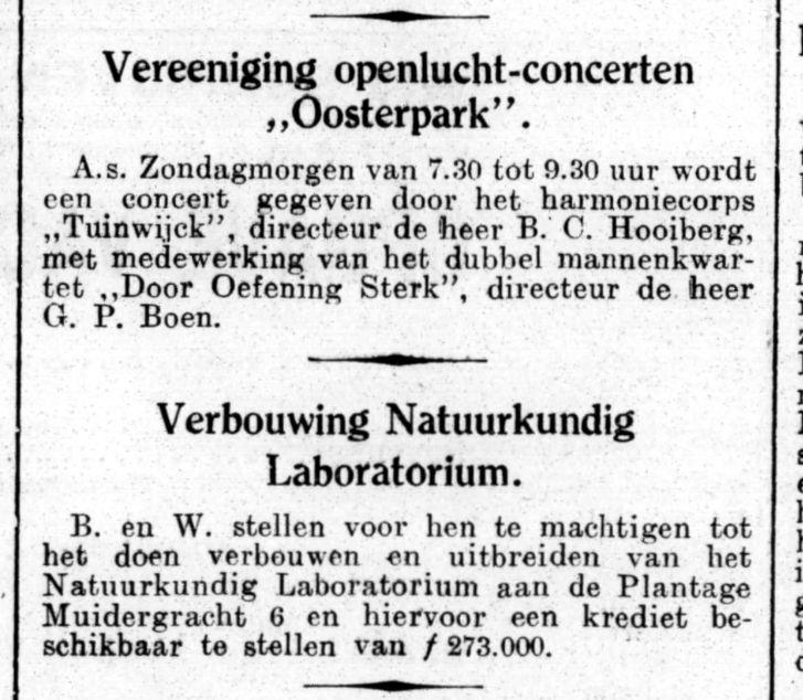 Het harmoniecorps "Tuinwijck". Vereeniging openlucht-concerten „Oosterpark”. Uit: Het Volk : dagblad voor de arbeiderspartĳ van 16-07-1930, Ochtendeditie. Bron: Historische Kranten, KB. 