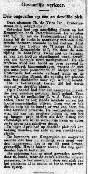 Gevaarlijk verkeer! UIT: Het Volk, dagblad voor de Arbeiderspartij van 30 04 1928. Bron: Historische Kranten, KB. 
