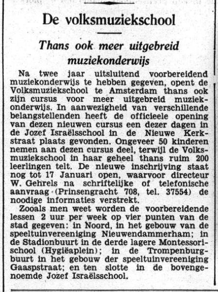 Oprichting Volksmuziekschool. Uit: Het Volk: dagblad voor de arbeiderspartĳ van 12 januari 1934. Bron: Historische kranten KB. 