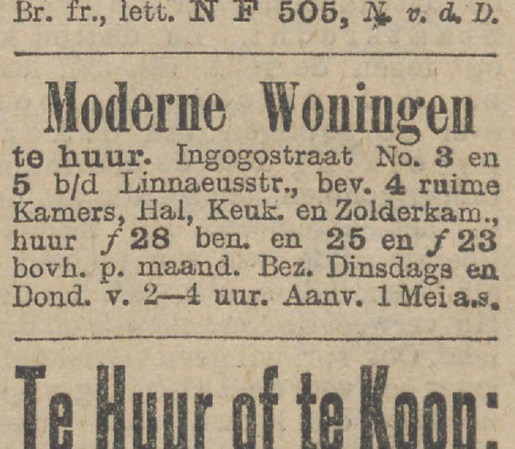 Moderne woningen te huur. Bovenstaande advertentie is uit 1913. Bron: Het Nieuws van den Dag: kleine courant van 15 februari 1913. Historische Kranten, KB. 